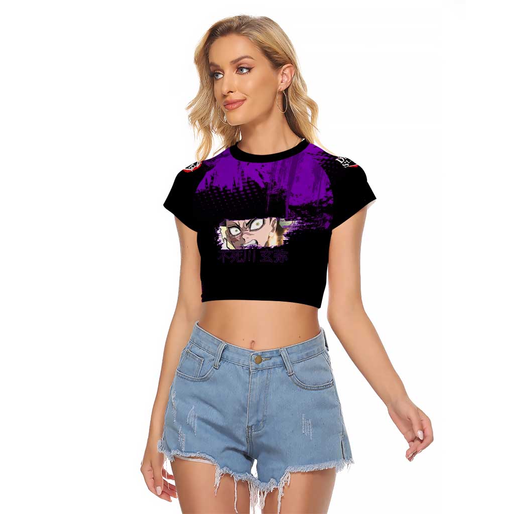 Genya Shinazugawa Demon Slayer Purple Grunge Design Raglan Cropped T Shirt with Fierce Expression and Combat Stance - The Mazicc