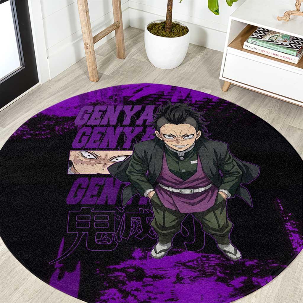 Genya Shinazugawa Demon Slayer Purple Grunge Design Round Carpet with Fierce Expression and Combat Stance - The Mazicc