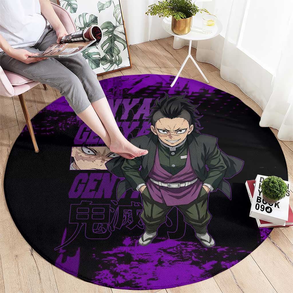 Genya Shinazugawa Demon Slayer Purple Grunge Design Round Carpet with Fierce Expression and Combat Stance - The Mazicc