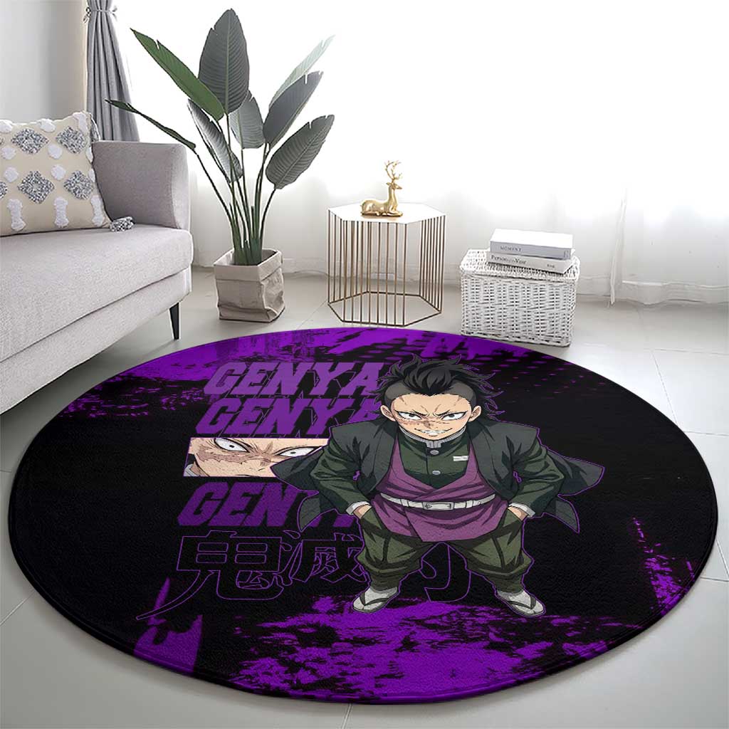 Genya Shinazugawa Demon Slayer Purple Grunge Design Round Carpet with Fierce Expression and Combat Stance - The Mazicc