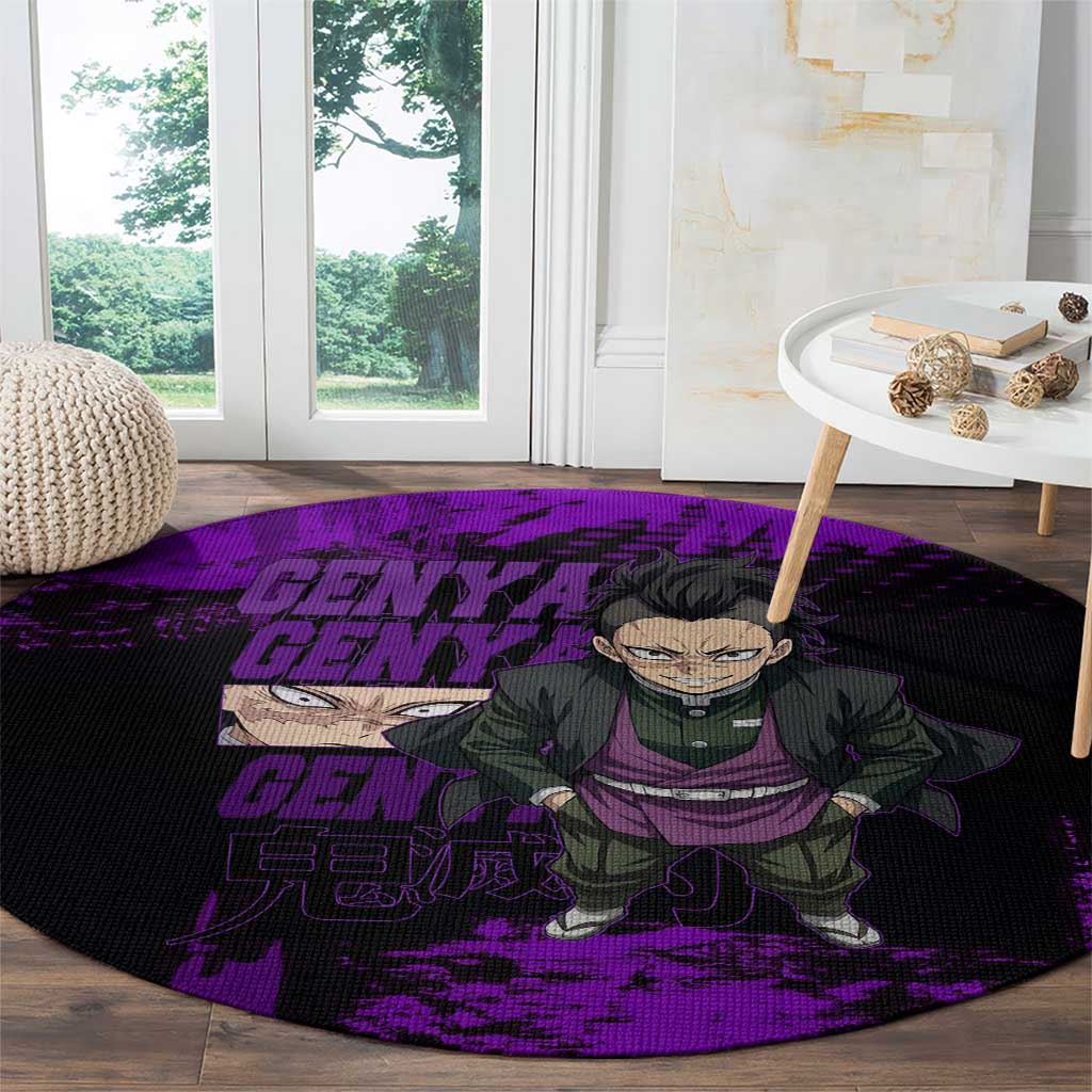Genya Shinazugawa Demon Slayer Purple Grunge Design Round Carpet with Fierce Expression and Combat Stance - The Mazicc