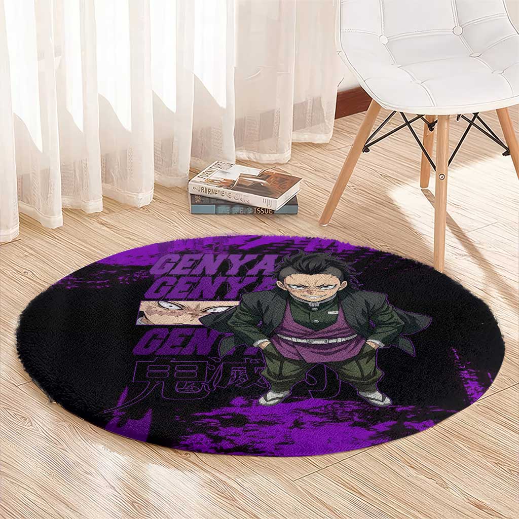 Genya Shinazugawa Demon Slayer Purple Grunge Design Round Carpet with Fierce Expression and Combat Stance - The Mazicc