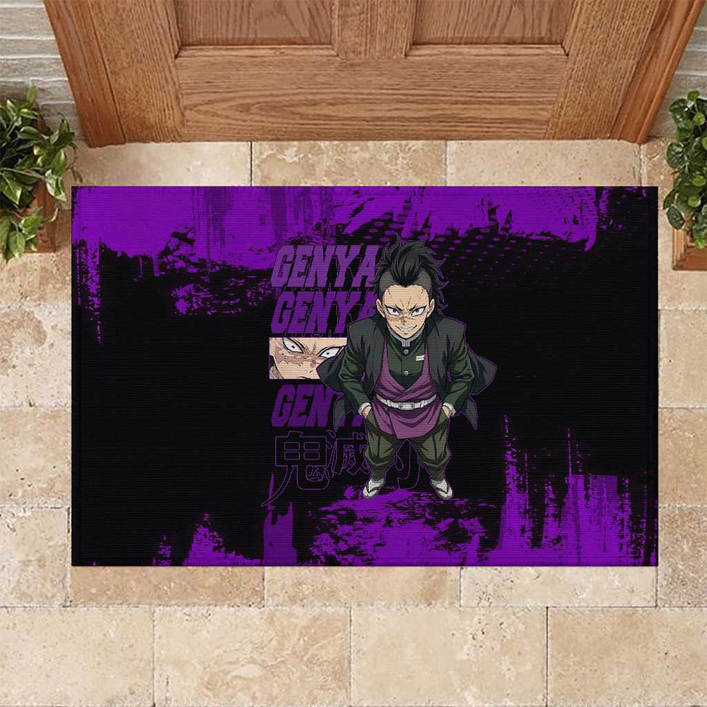 Genya Shinazugawa Demon Slayer Purple Grunge Design Rubber Doormat with Fierce Expression and Combat Stance - The Mazicc