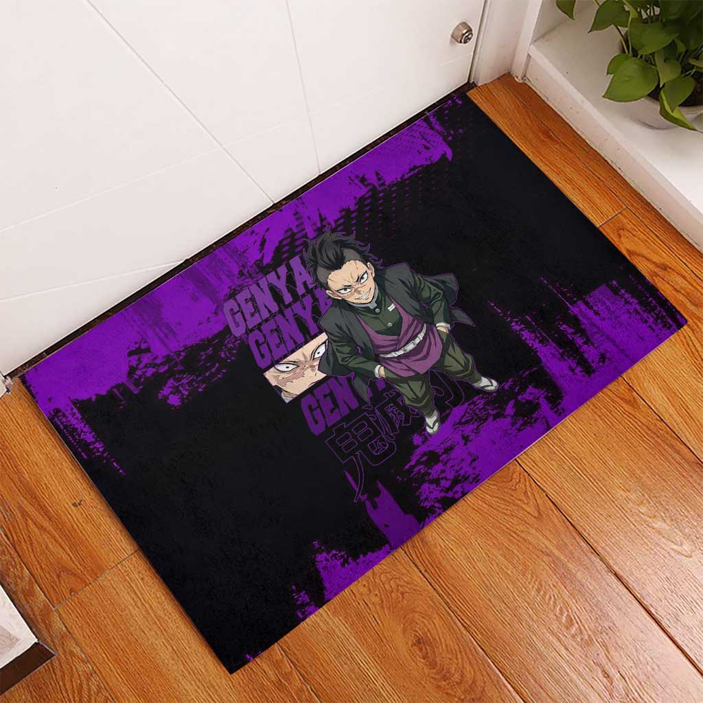 Genya Shinazugawa Demon Slayer Purple Grunge Design Rubber Doormat with Fierce Expression and Combat Stance - The Mazicc