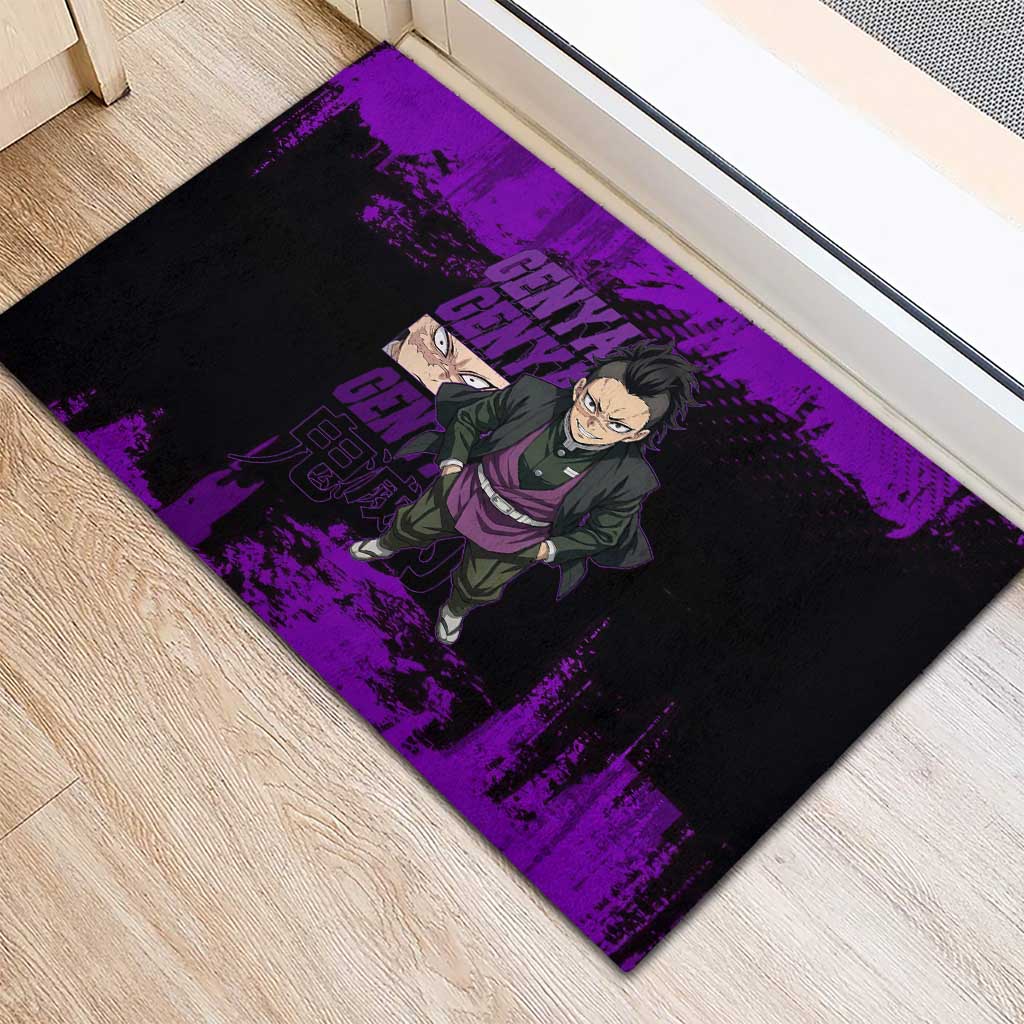 Genya Shinazugawa Demon Slayer Purple Grunge Design Rubber Doormat with Fierce Expression and Combat Stance - The Mazicc