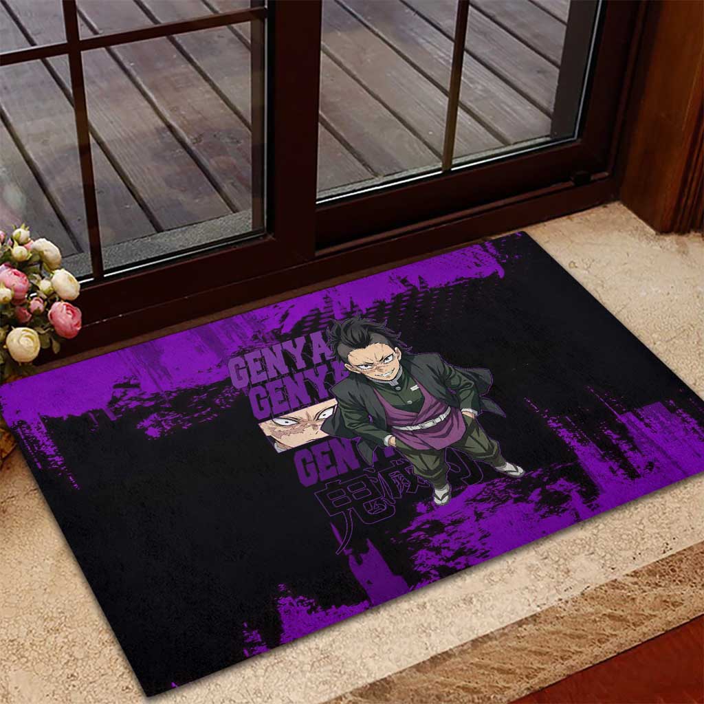 Genya Shinazugawa Demon Slayer Purple Grunge Design Rubber Doormat with Fierce Expression and Combat Stance - The Mazicc