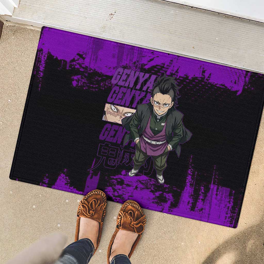 Genya Shinazugawa Demon Slayer Purple Grunge Design Rubber Doormat with Fierce Expression and Combat Stance - The Mazicc