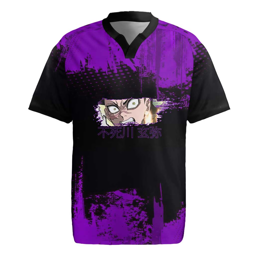 Genya Shinazugawa Demon Slayer Purple Grunge Design Rugby Jersey with Fierce Expression and Combat Stance - The Mazicc