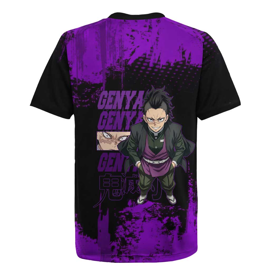 Genya Shinazugawa Demon Slayer Purple Grunge Design Rugby Jersey with Fierce Expression and Combat Stance - The Mazicc