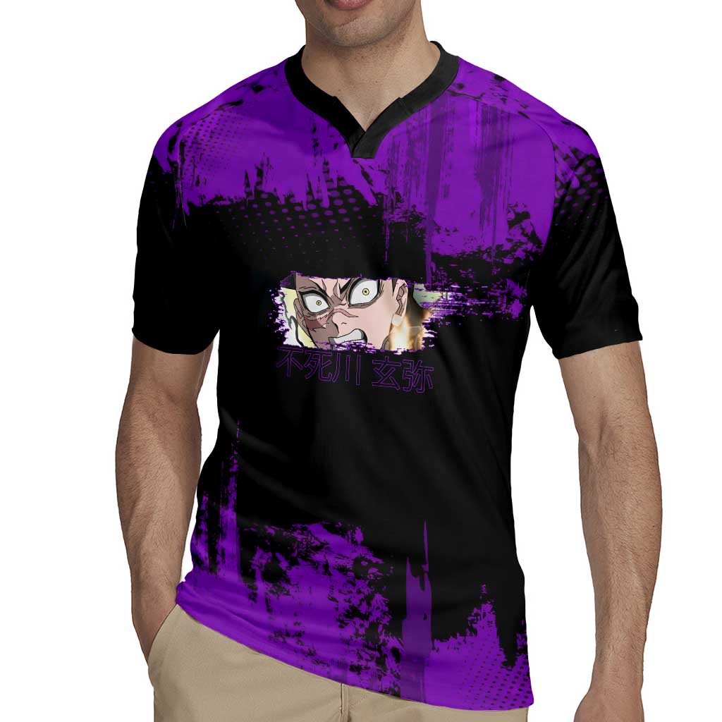 Genya Shinazugawa Demon Slayer Purple Grunge Design Rugby Jersey with Fierce Expression and Combat Stance - The Mazicc