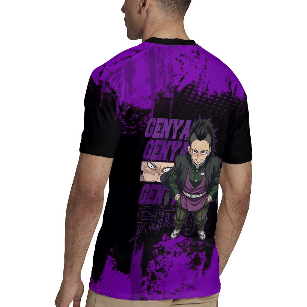Genya Shinazugawa Demon Slayer Purple Grunge Design Rugby Jersey with Fierce Expression and Combat Stance - The Mazicc