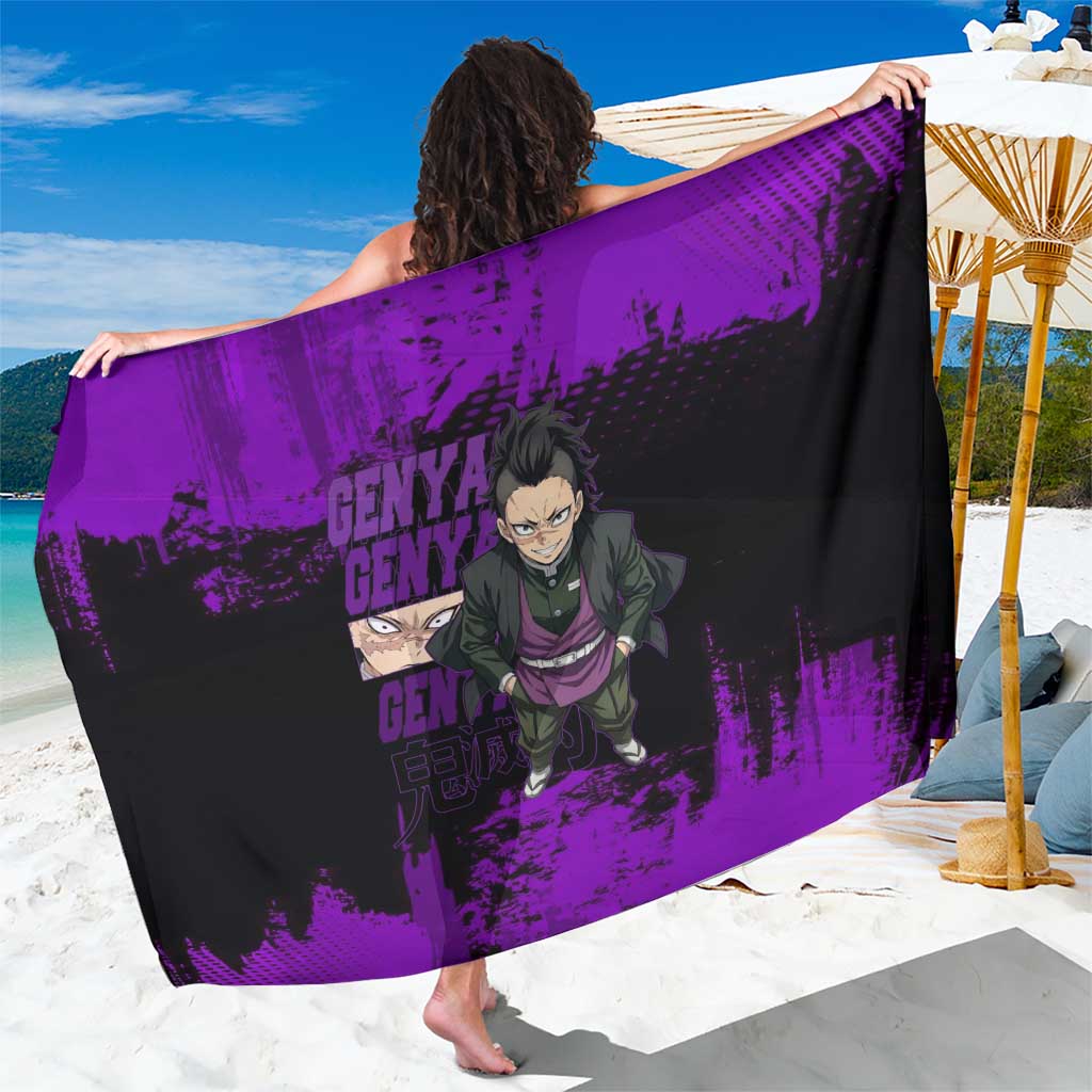 Genya Shinazugawa Demon Slayer Purple Grunge Design Sarong with Fierce Expression and Combat Stance - The Mazicc