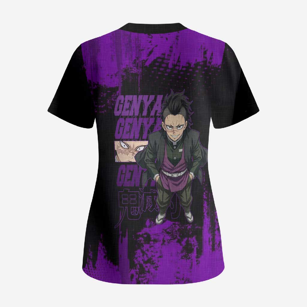 Genya Shinazugawa Demon Slayer Purple Grunge Design Scrub Top with Fierce Expression and Combat Stance - The Mazicc
