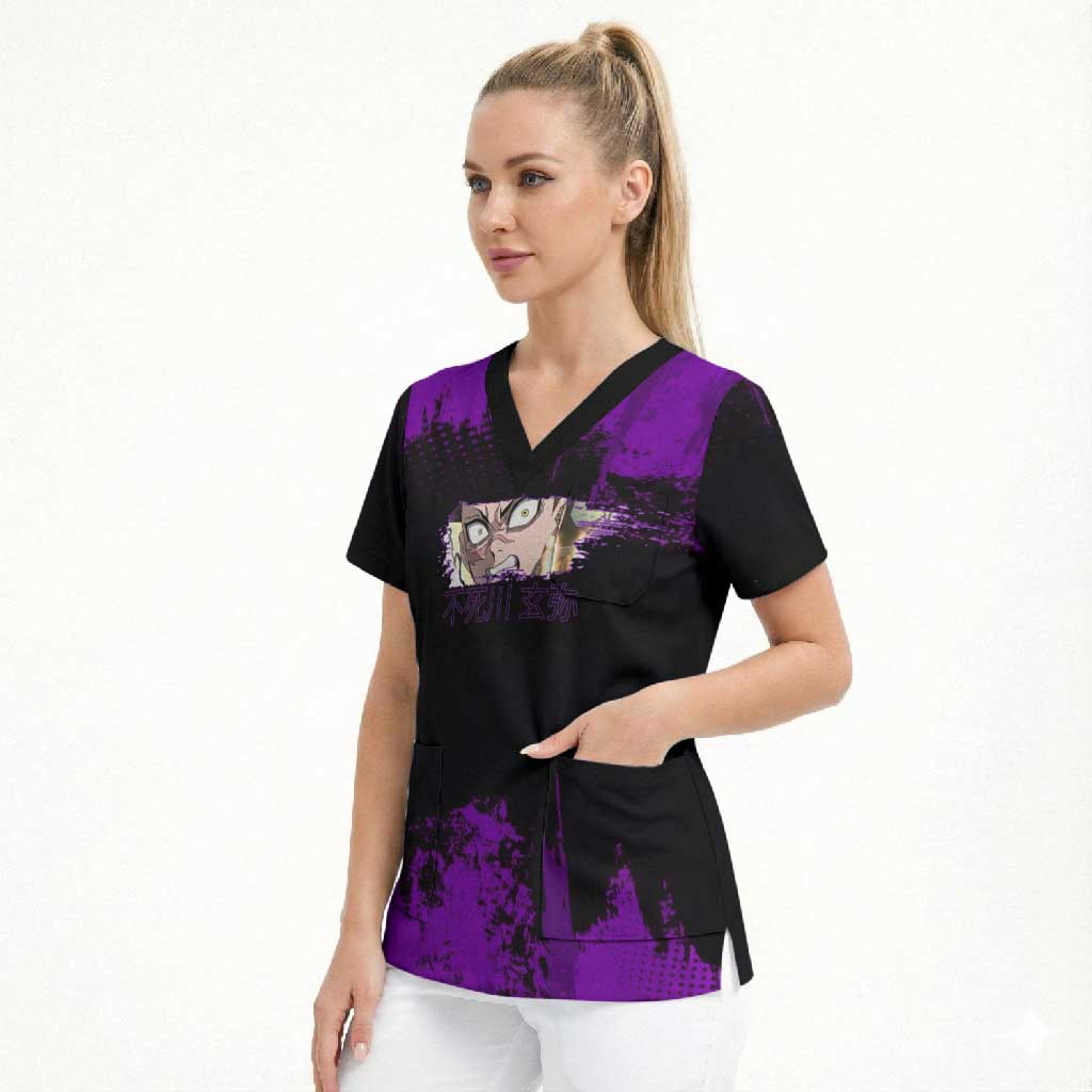 Genya Shinazugawa Demon Slayer Purple Grunge Design Scrub Top with Fierce Expression and Combat Stance - The Mazicc