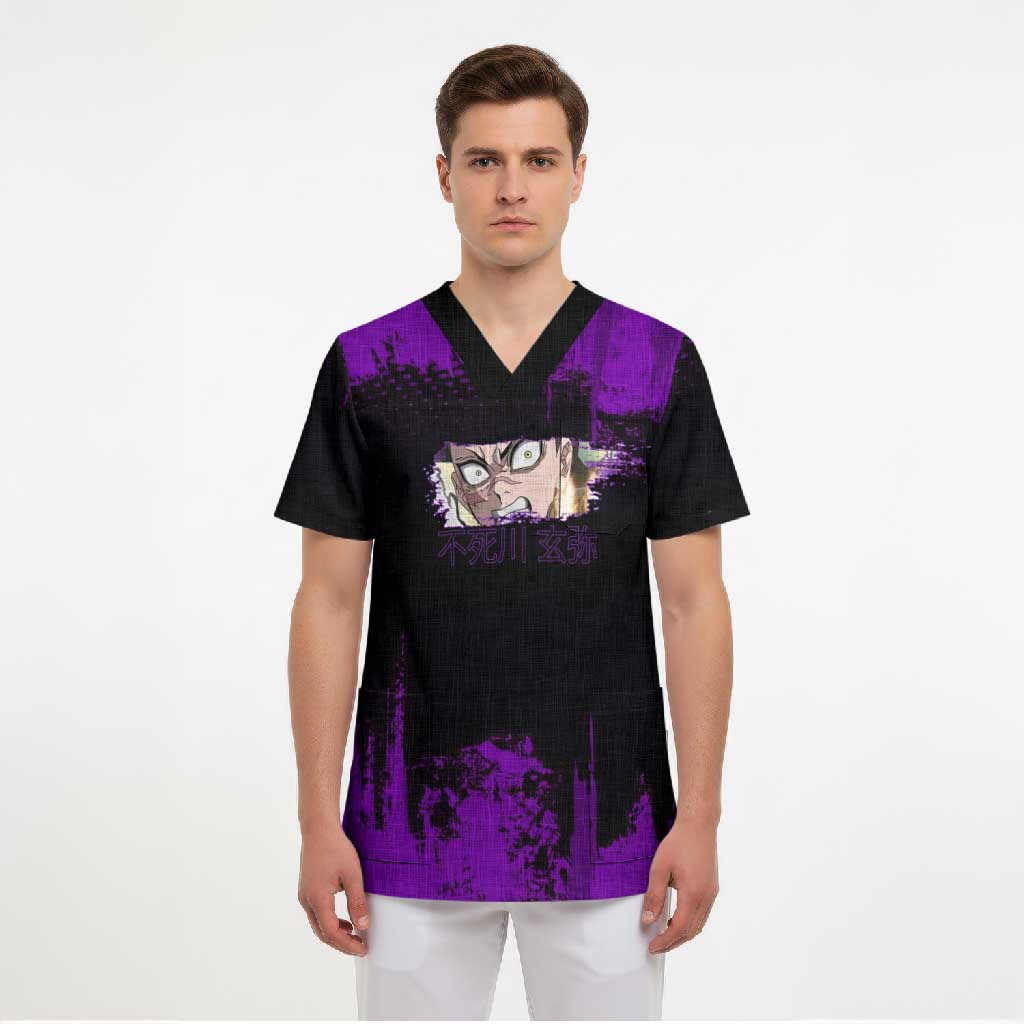 Genya Shinazugawa Demon Slayer Purple Grunge Design Scrub Top with Fierce Expression and Combat Stance - The Mazicc