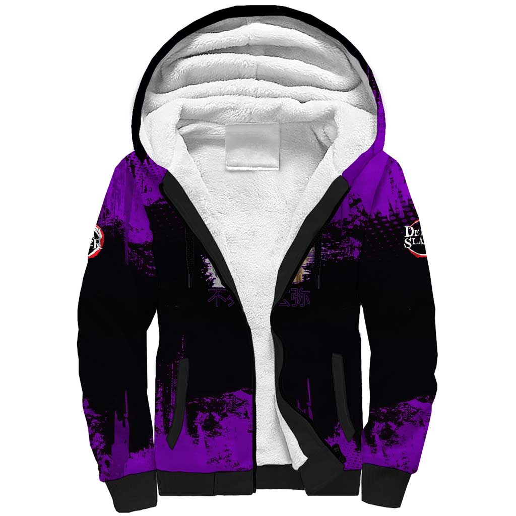 Genya Shinazugawa Demon Slayer Purple Grunge Design Sherpa Hoodie with Fierce Expression and Combat Stance - The Mazicc