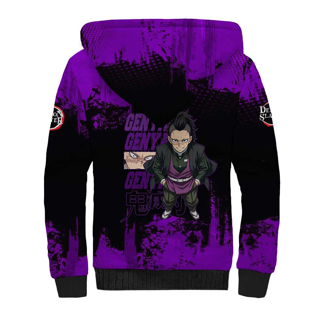 Genya Shinazugawa Demon Slayer Purple Grunge Design Sherpa Hoodie with Fierce Expression and Combat Stance - The Mazicc
