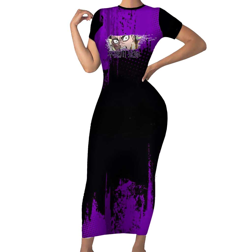 Genya Shinazugawa Demon Slayer Purple Grunge Design Short Sleeve Bodycon Dress with Fierce Expression and Combat Stance - The Mazicc