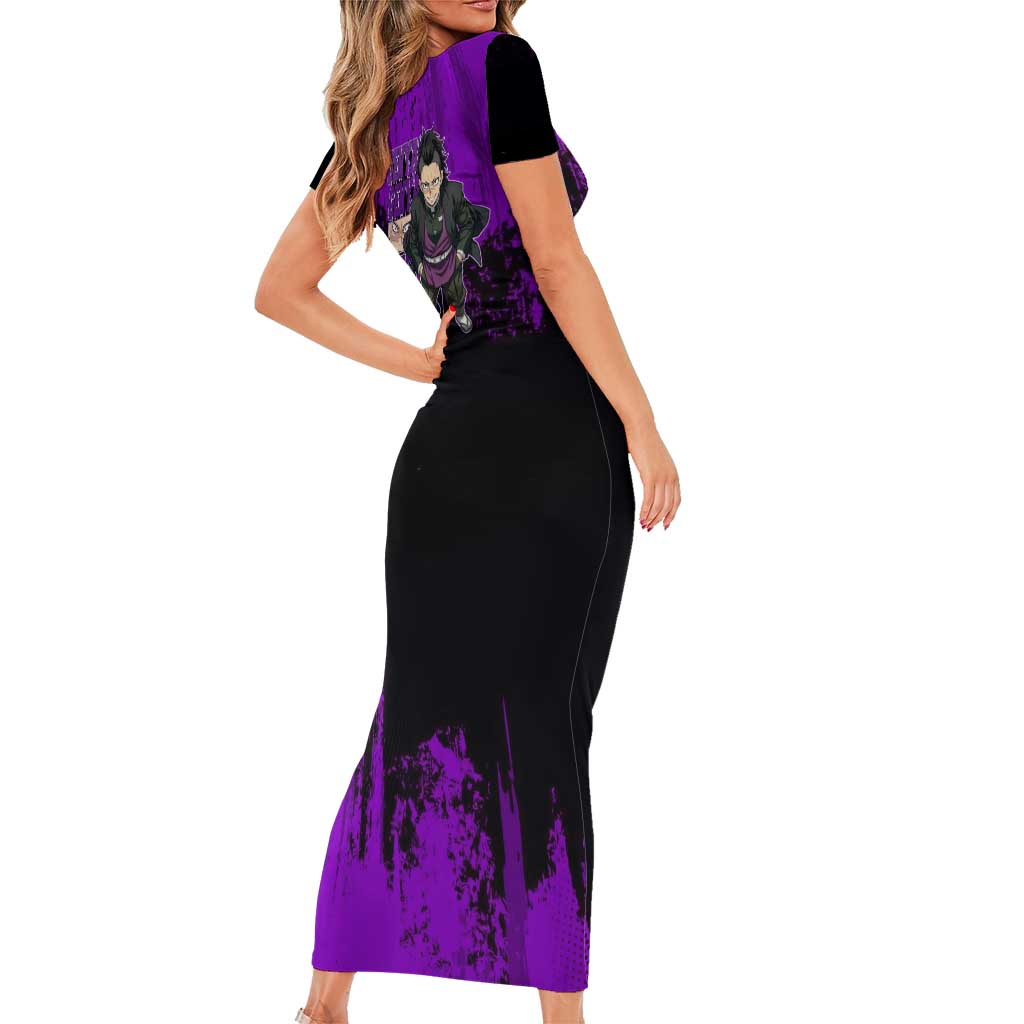 Genya Shinazugawa Demon Slayer Purple Grunge Design Short Sleeve Bodycon Dress with Fierce Expression and Combat Stance - The Mazicc