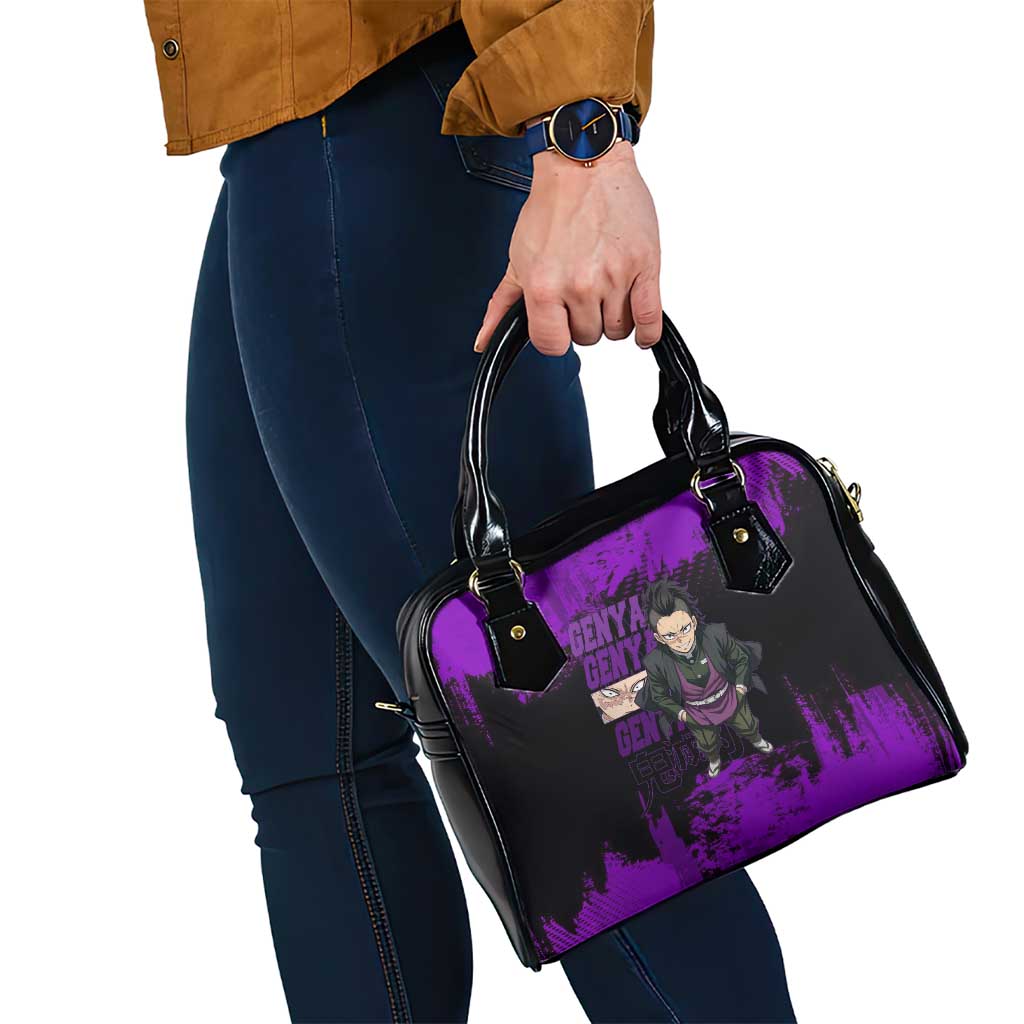 Genya Shinazugawa Demon Slayer Purple Grunge Design Shoulder Handbag with Fierce Expression and Combat Stance - The Mazicc