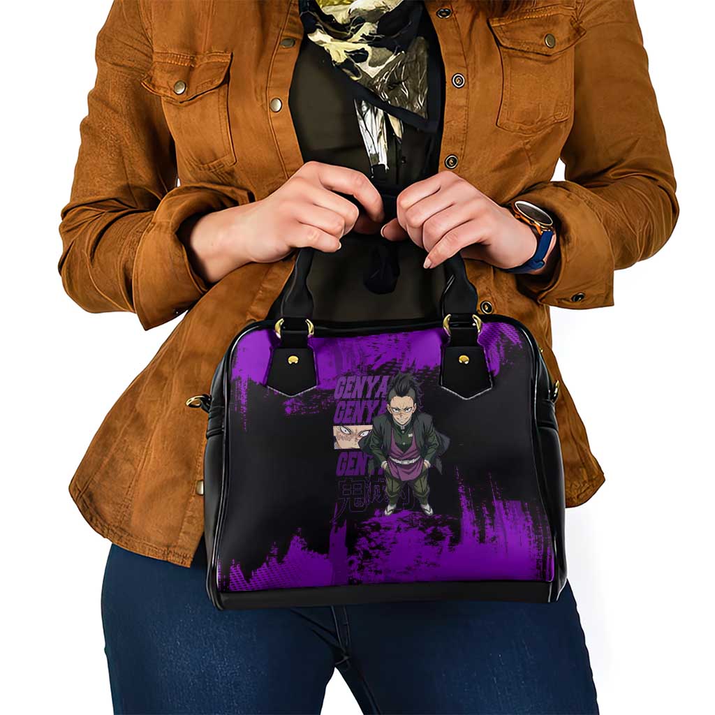 Genya Shinazugawa Demon Slayer Purple Grunge Design Shoulder Handbag with Fierce Expression and Combat Stance - The Mazicc