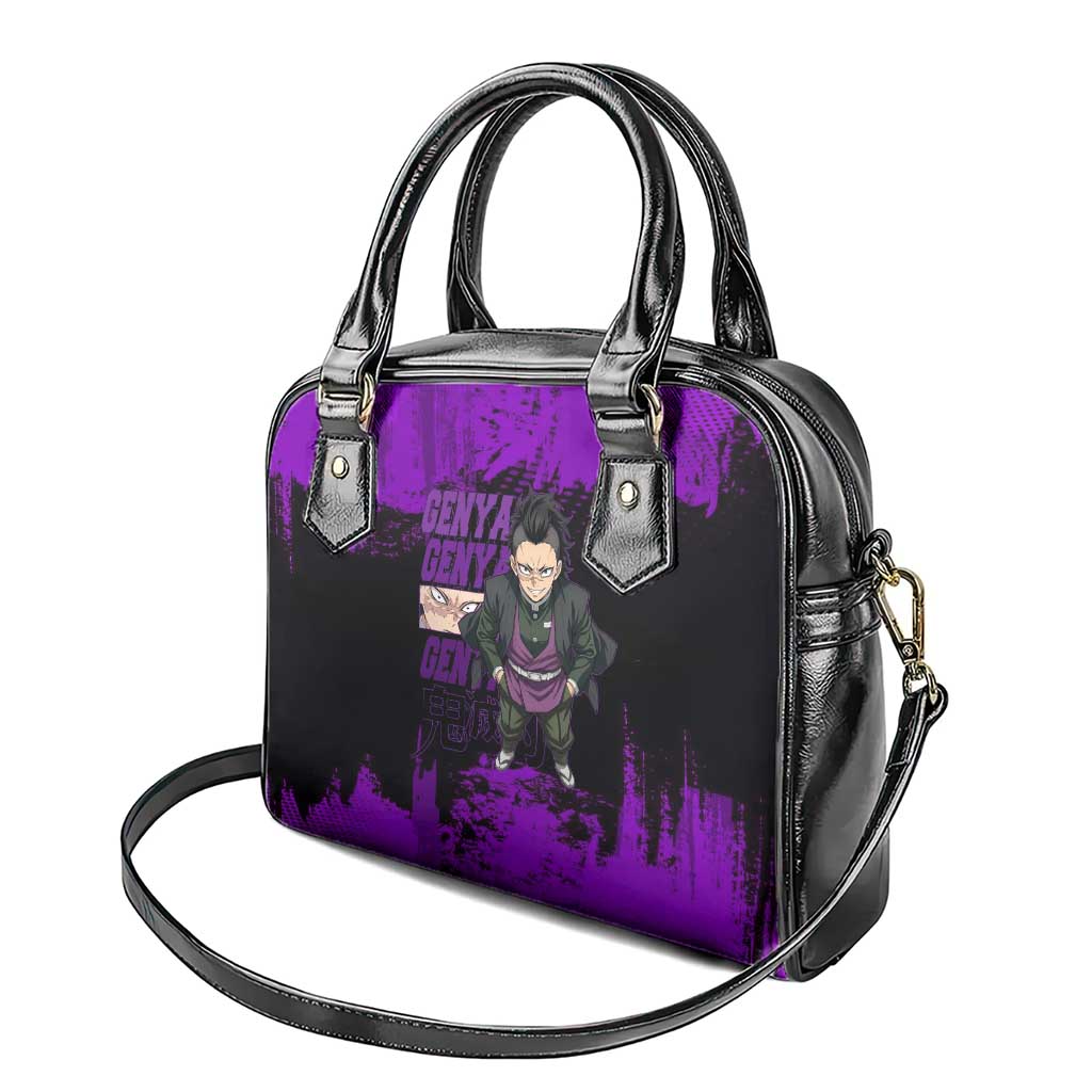 Genya Shinazugawa Demon Slayer Purple Grunge Design Shoulder Handbag with Fierce Expression and Combat Stance - The Mazicc