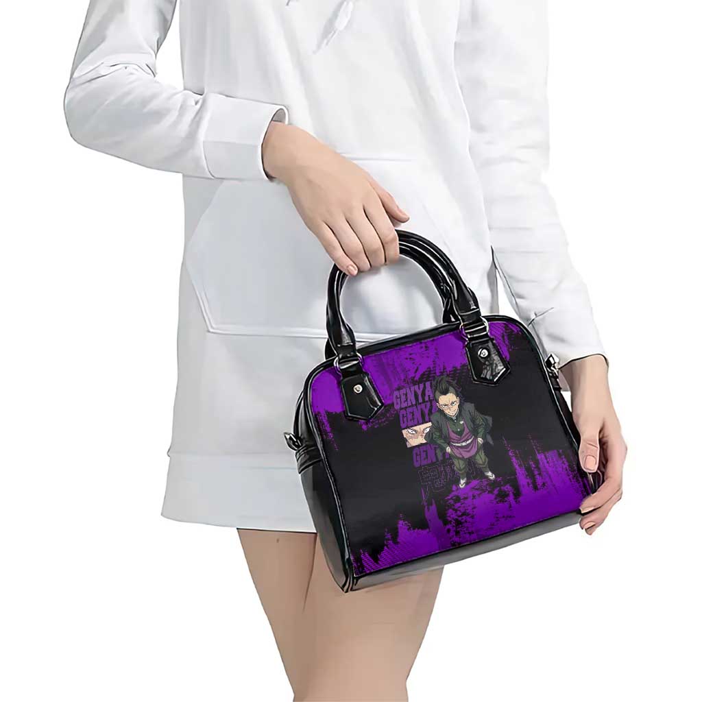 Genya Shinazugawa Demon Slayer Purple Grunge Design Shoulder Handbag with Fierce Expression and Combat Stance - The Mazicc