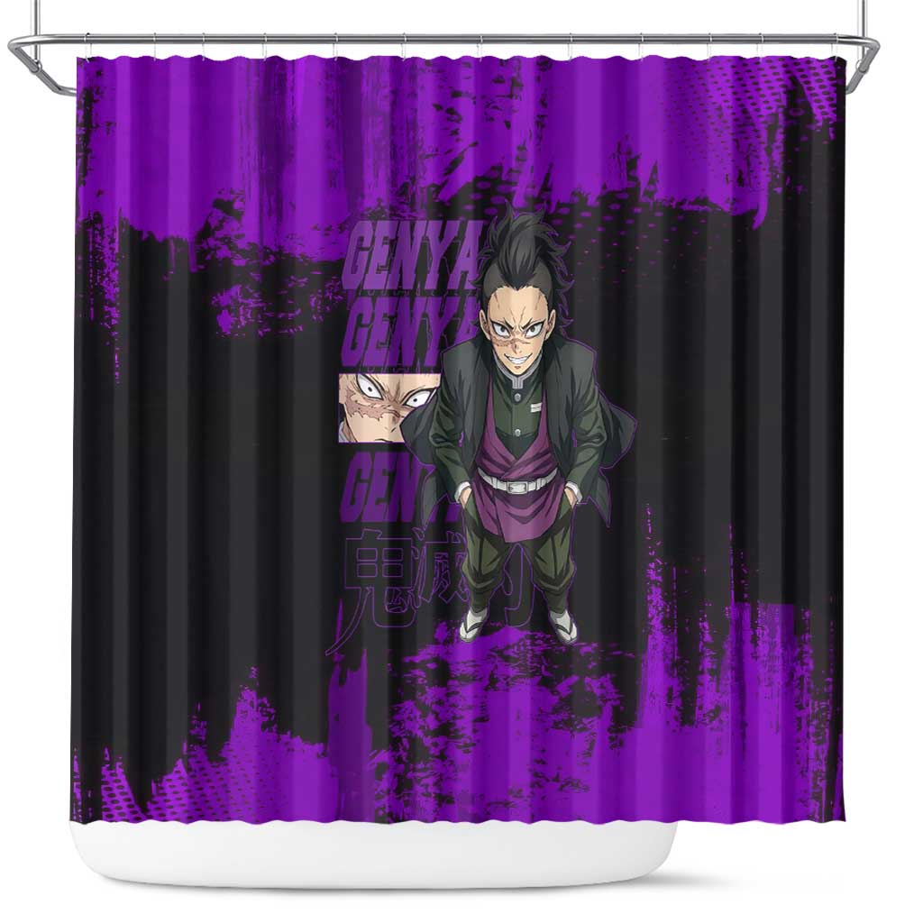 Genya Shinazugawa Demon Slayer Purple Grunge Design Shower Curtain with Fierce Expression and Combat Stance - The Mazicc