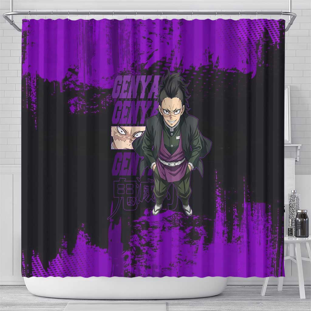 Genya Shinazugawa Demon Slayer Purple Grunge Design Shower Curtain with Fierce Expression and Combat Stance - The Mazicc