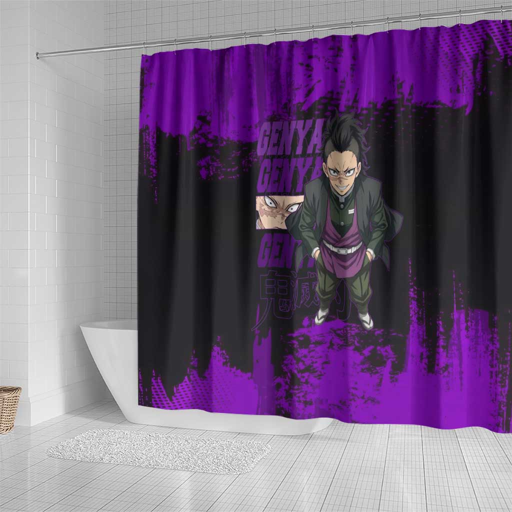 Genya Shinazugawa Demon Slayer Purple Grunge Design Shower Curtain with Fierce Expression and Combat Stance - The Mazicc