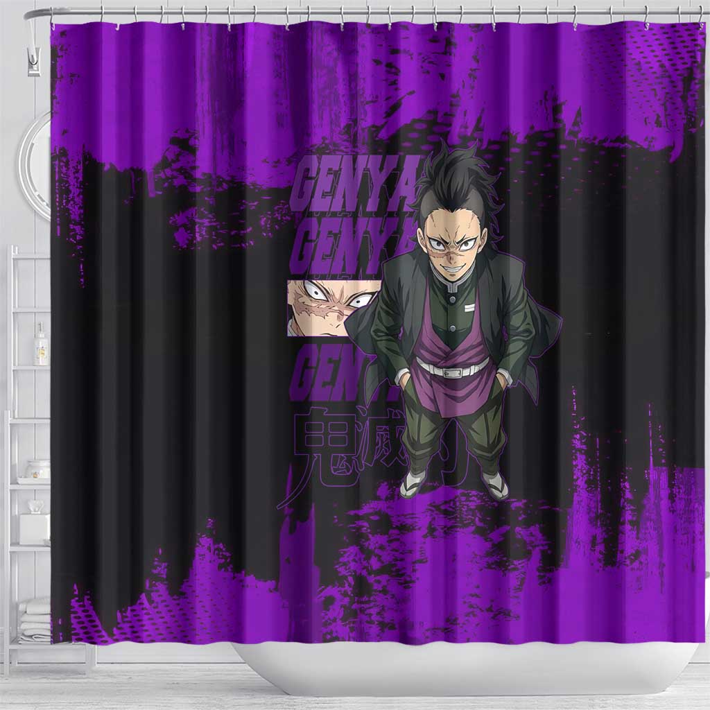 Genya Shinazugawa Demon Slayer Purple Grunge Design Shower Curtain with Fierce Expression and Combat Stance - The Mazicc