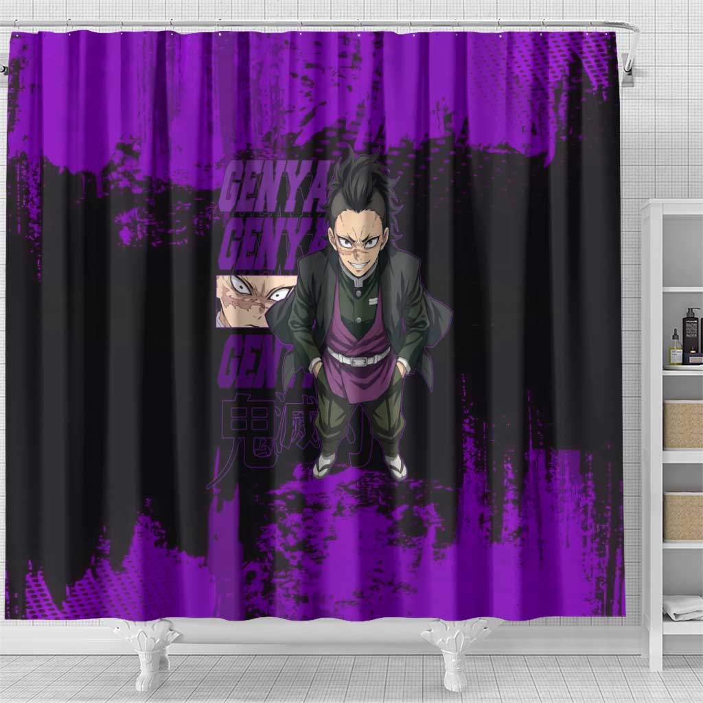 Genya Shinazugawa Demon Slayer Purple Grunge Design Shower Curtain with Fierce Expression and Combat Stance - The Mazicc