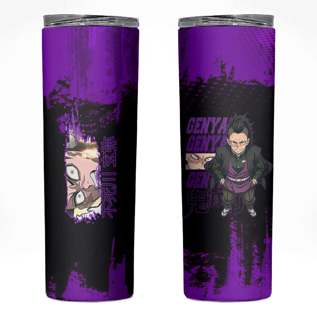 Genya Shinazugawa Demon Slayer Purple Grunge Design Skinny Tumbler with Fierce Expression and Combat Stance - The Mazicc