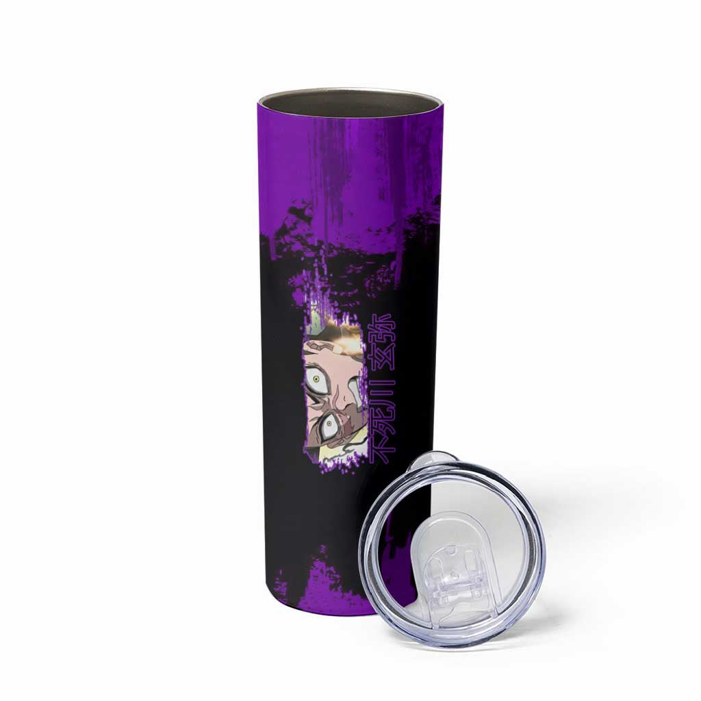Genya Shinazugawa Demon Slayer Purple Grunge Design Skinny Tumbler with Fierce Expression and Combat Stance - The Mazicc