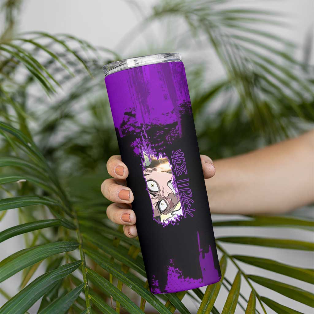 Genya Shinazugawa Demon Slayer Purple Grunge Design Skinny Tumbler with Fierce Expression and Combat Stance - The Mazicc