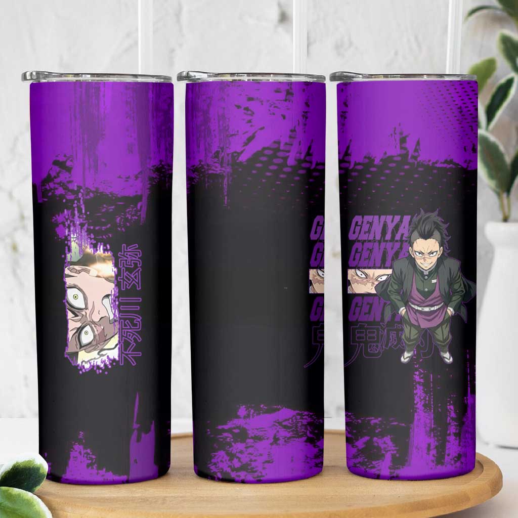 Genya Shinazugawa Demon Slayer Purple Grunge Design Skinny Tumbler with Fierce Expression and Combat Stance - The Mazicc