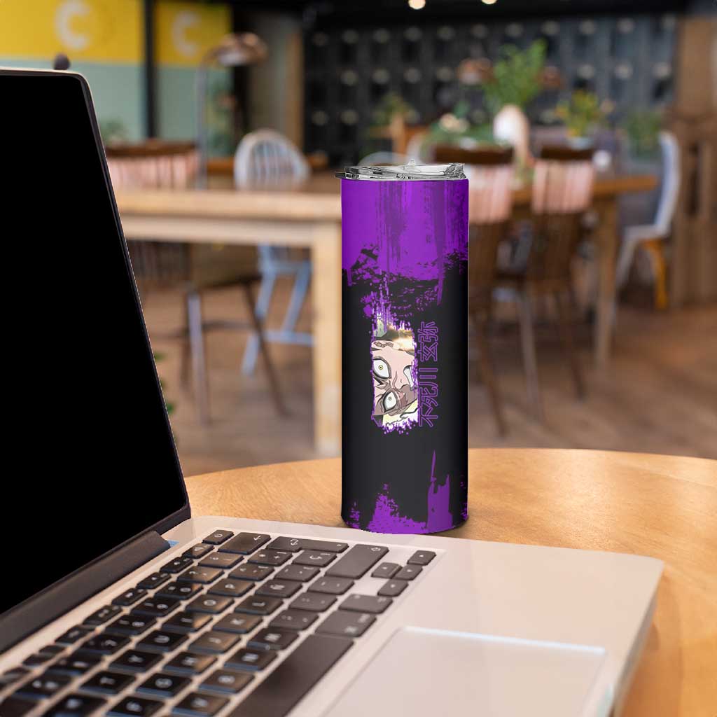 Genya Shinazugawa Demon Slayer Purple Grunge Design Skinny Tumbler with Fierce Expression and Combat Stance - The Mazicc