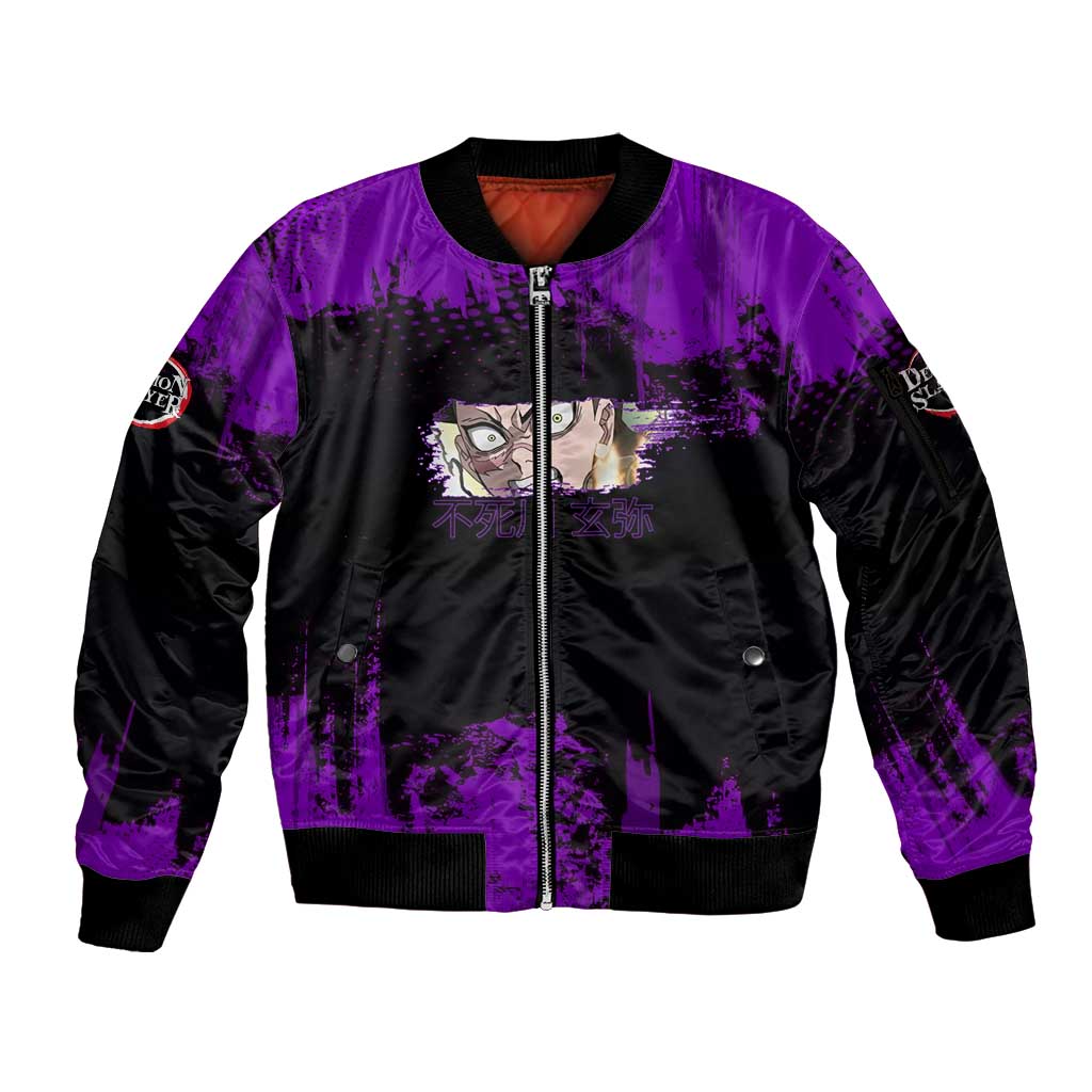 Genya Shinazugawa Demon Slayer Purple Grunge Design Sleeve Zip Bomber Jacket with Fierce Expression and Combat Stance - The Mazicc