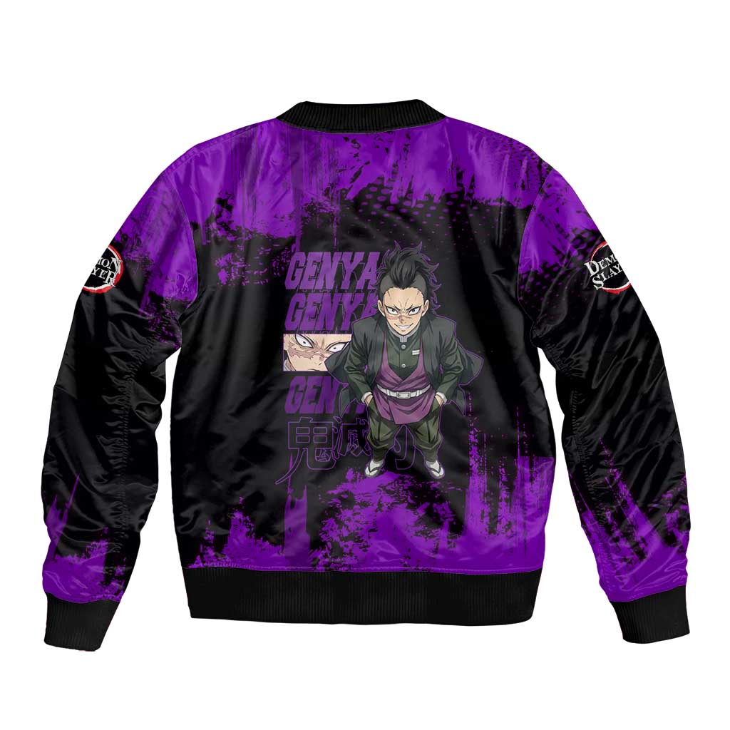 Genya Shinazugawa Demon Slayer Purple Grunge Design Sleeve Zip Bomber Jacket with Fierce Expression and Combat Stance - The Mazicc