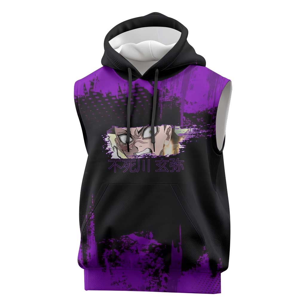 Genya Shinazugawa Demon Slayer Purple Grunge Design Sleeveless Hoodie with Fierce Expression and Combat Stance - The Mazicc