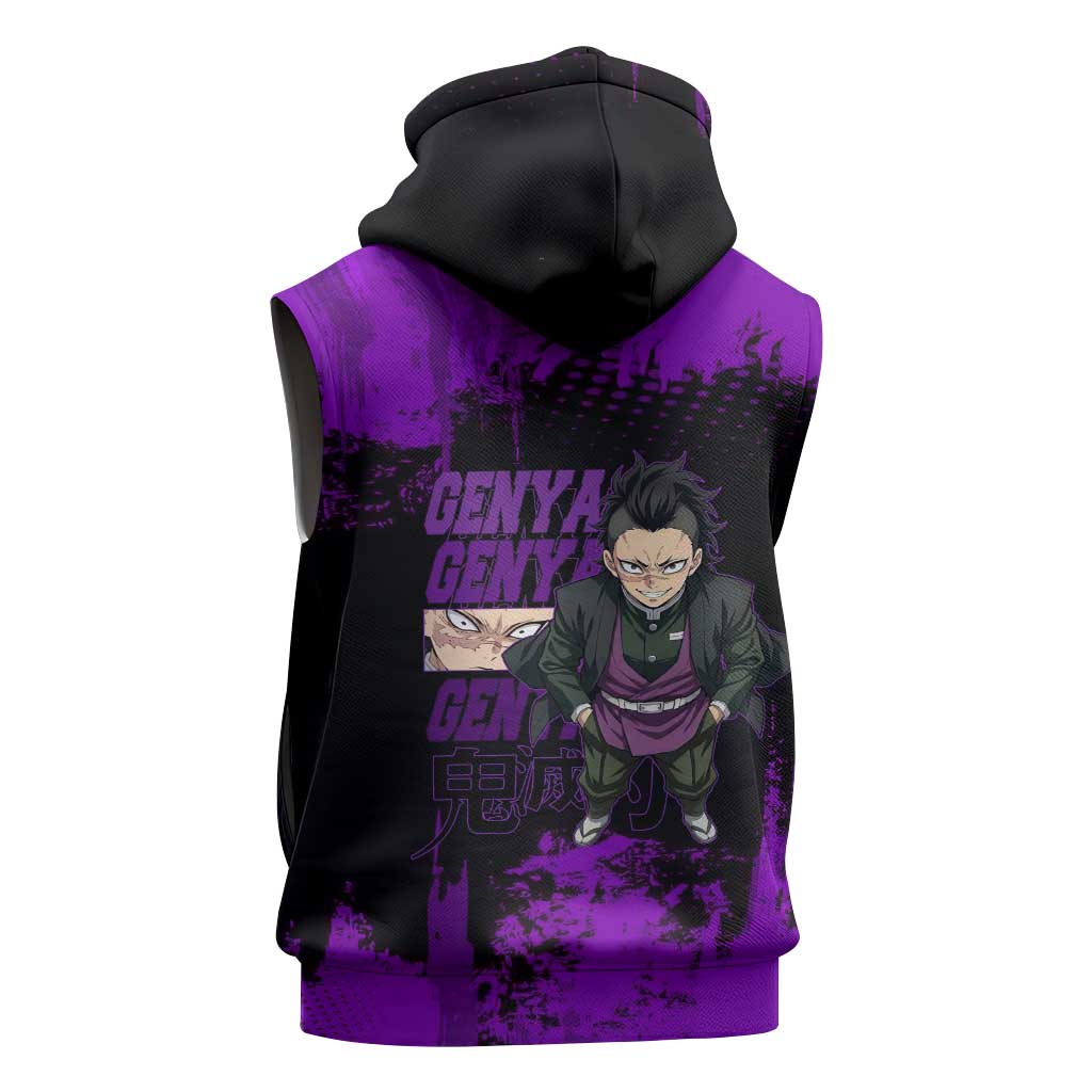 Genya Shinazugawa Demon Slayer Purple Grunge Design Sleeveless Hoodie with Fierce Expression and Combat Stance - The Mazicc