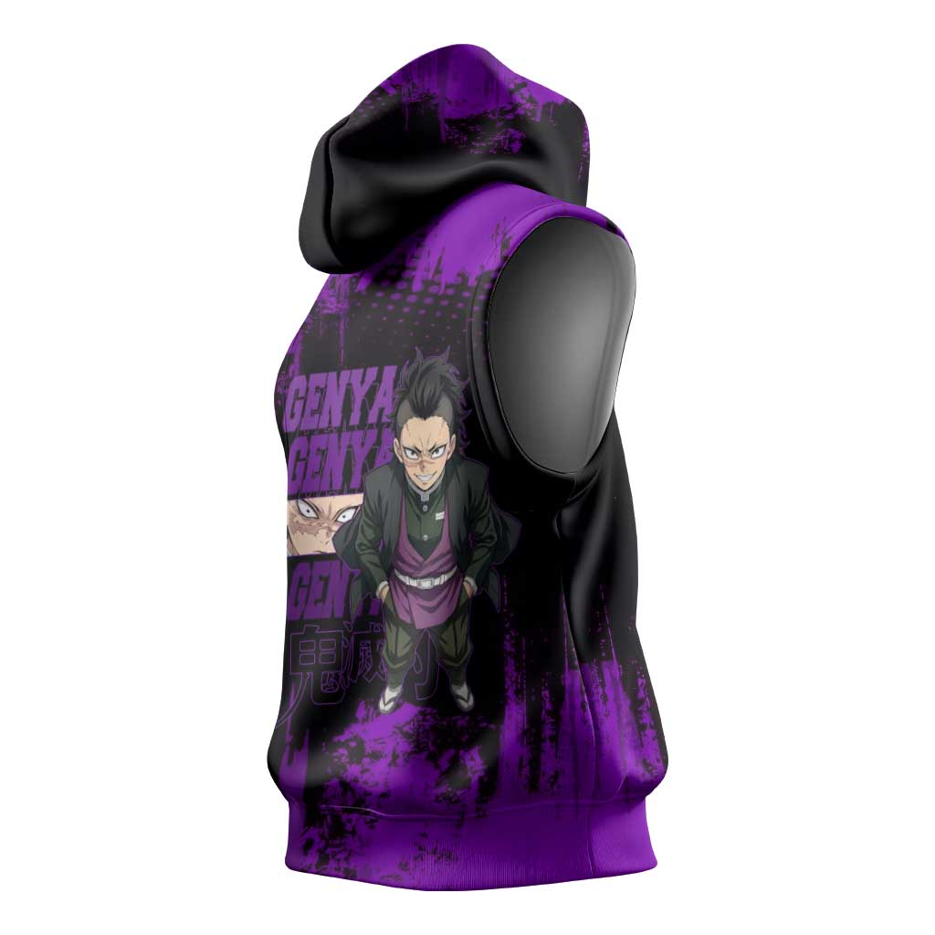 Genya Shinazugawa Demon Slayer Purple Grunge Design Sleeveless Hoodie with Fierce Expression and Combat Stance - The Mazicc