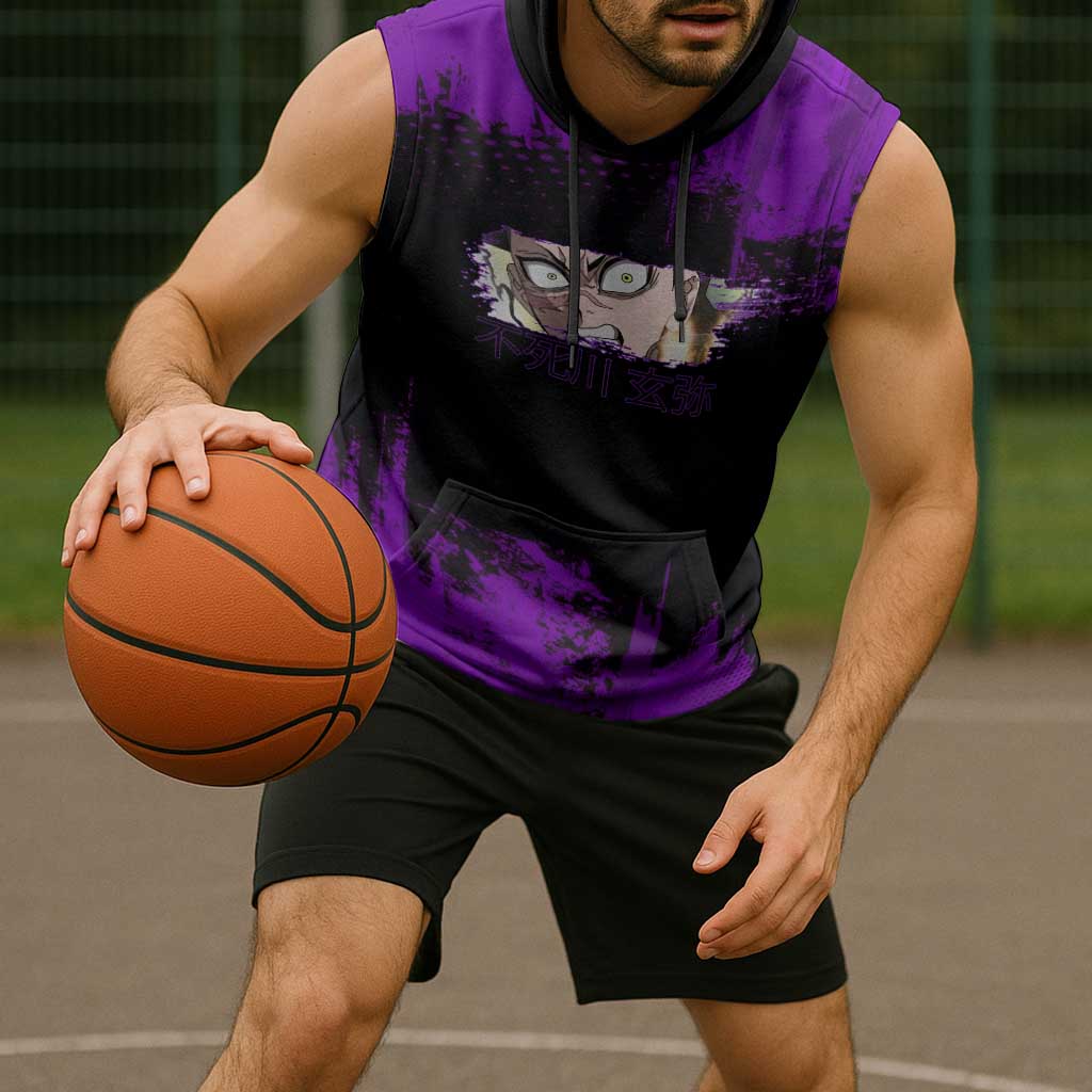 Genya Shinazugawa Demon Slayer Purple Grunge Design Sleeveless Hoodie with Fierce Expression and Combat Stance - The Mazicc