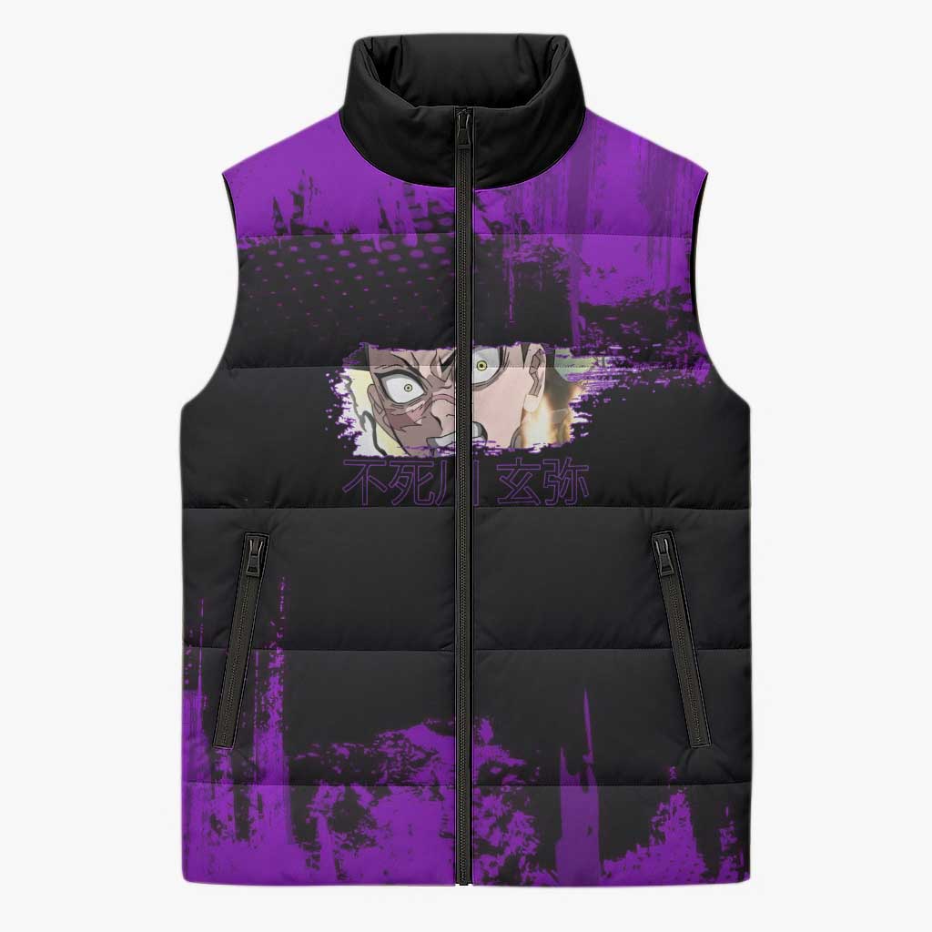 Genya Shinazugawa Demon Slayer Purple Grunge Design Sleeveless Puffer Jacket with Fierce Expression and Combat Stance - The Mazicc