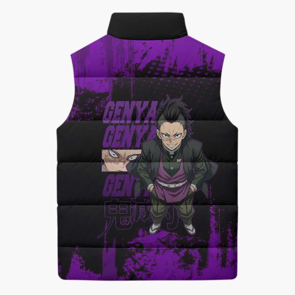 Genya Shinazugawa Demon Slayer Purple Grunge Design Sleeveless Puffer Jacket with Fierce Expression and Combat Stance - The Mazicc