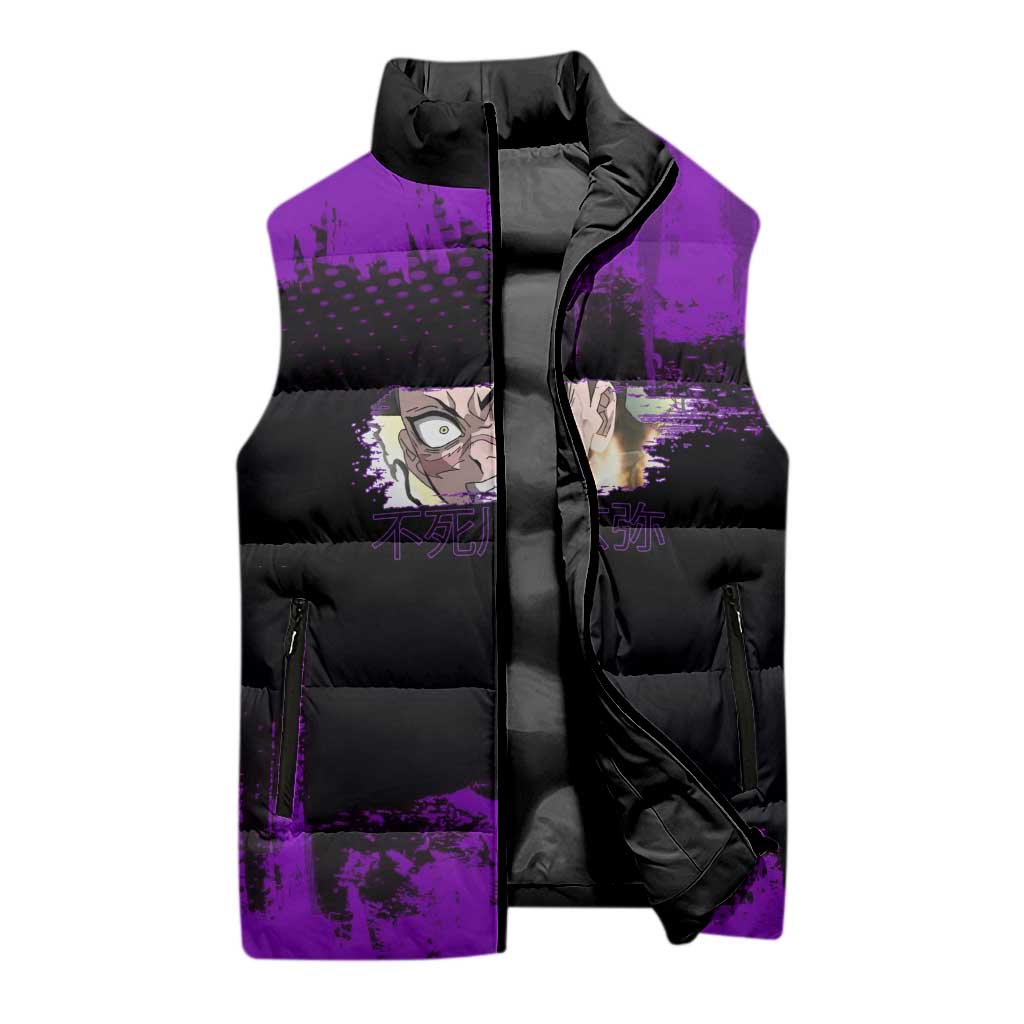 Genya Shinazugawa Demon Slayer Purple Grunge Design Sleeveless Puffer Jacket with Fierce Expression and Combat Stance - The Mazicc