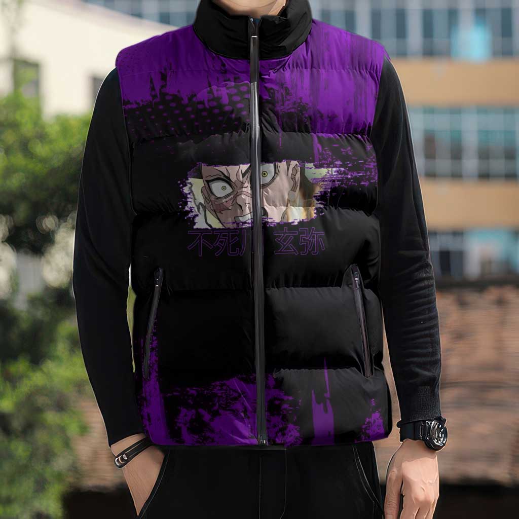 Genya Shinazugawa Demon Slayer Purple Grunge Design Sleeveless Puffer Jacket with Fierce Expression and Combat Stance - The Mazicc