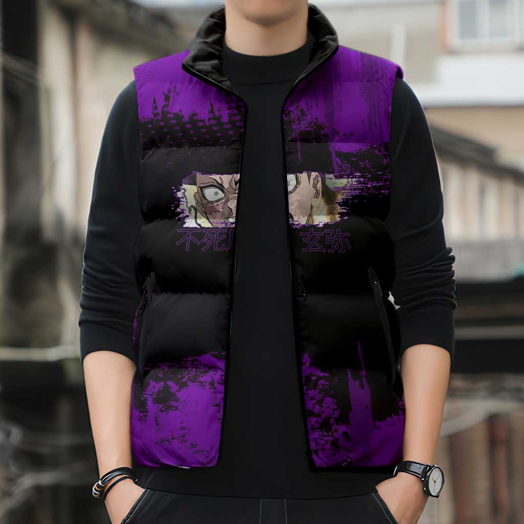 Genya Shinazugawa Demon Slayer Purple Grunge Design Sleeveless Puffer Jacket with Fierce Expression and Combat Stance - The Mazicc