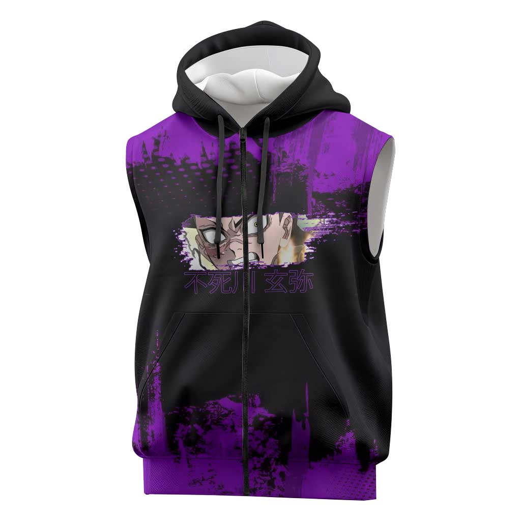 Genya Shinazugawa Demon Slayer Purple Grunge Design Sleeveless Zip Hoodie with Fierce Expression and Combat Stance - The Mazicc