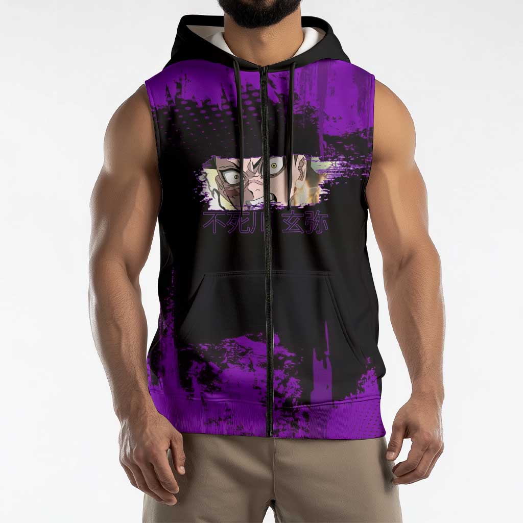 Genya Shinazugawa Demon Slayer Purple Grunge Design Sleeveless Zip Hoodie with Fierce Expression and Combat Stance - The Mazicc